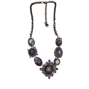 Betsey Johnson antique gold tone chunky necklace yellow, pink & white rhinestone